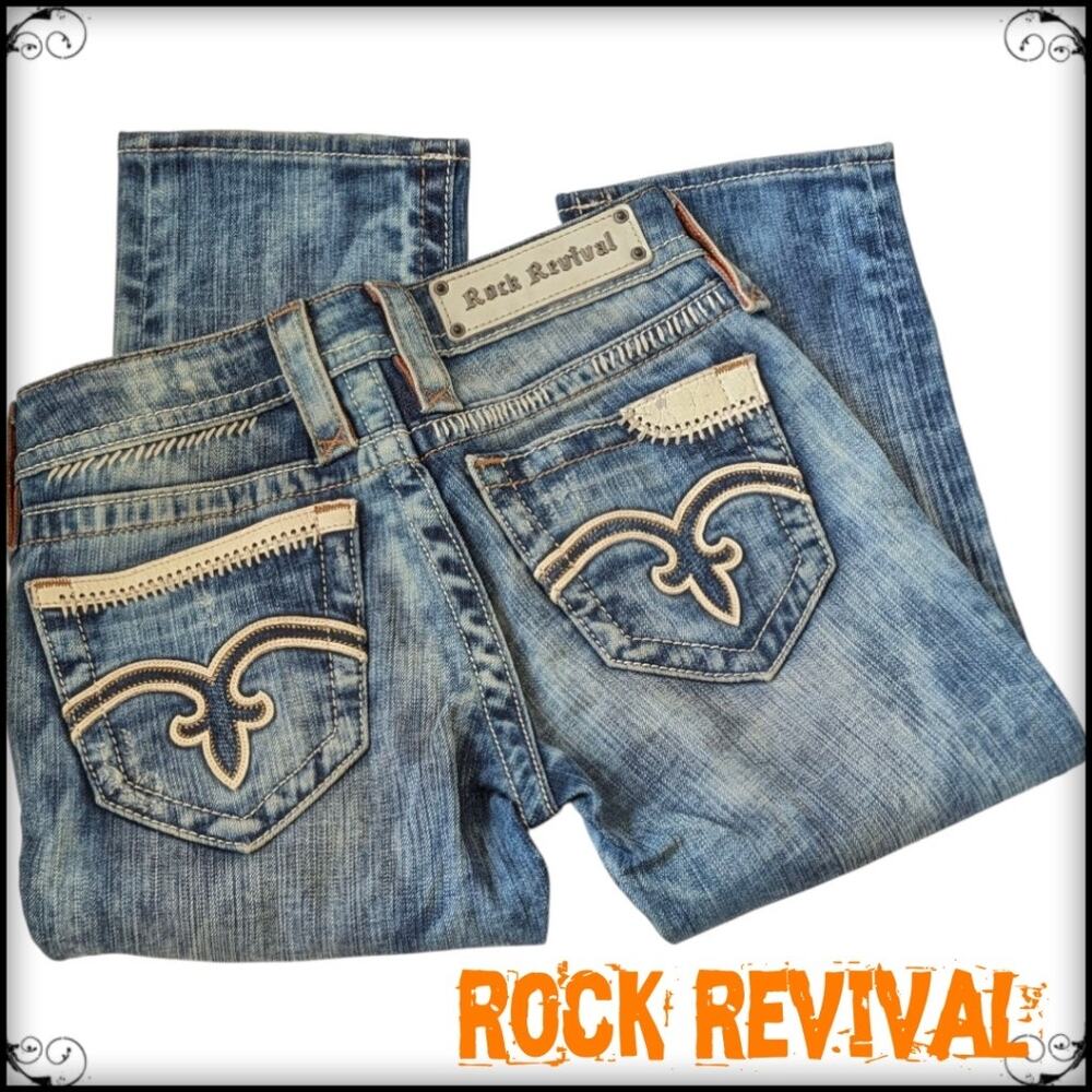 New ROCK REVIVAL Cropped Capri Denim Jeans Medium Wash Leather Pocket Details 26